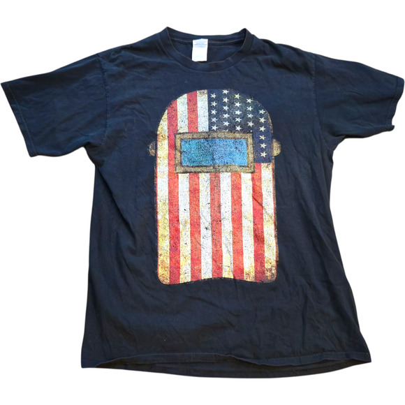 USA Flag Welding Helmet Shirt Men’s L Patriotic Welder Graphic Tee Black Cotton - Picture 1 of 15